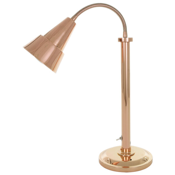 A Hanson Heat Lamps streamlined freestanding heat lamp with a bright copper finish and a curved neck.