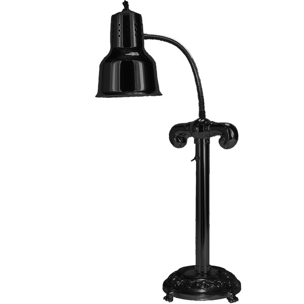 A Hanson Heat Lamps freestanding black heat lamp with a curved pole and metal round base.