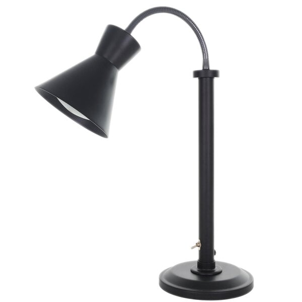 A Hanson Heat Lamps black freestanding heat lamp with a curved pole.