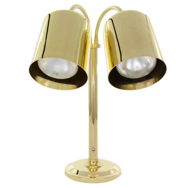 A Hanson Heat Lamps brass freestanding dual bulb heat lamp.