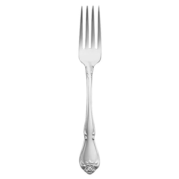 A Oneida stainless steel dinner fork with a design on the handle.