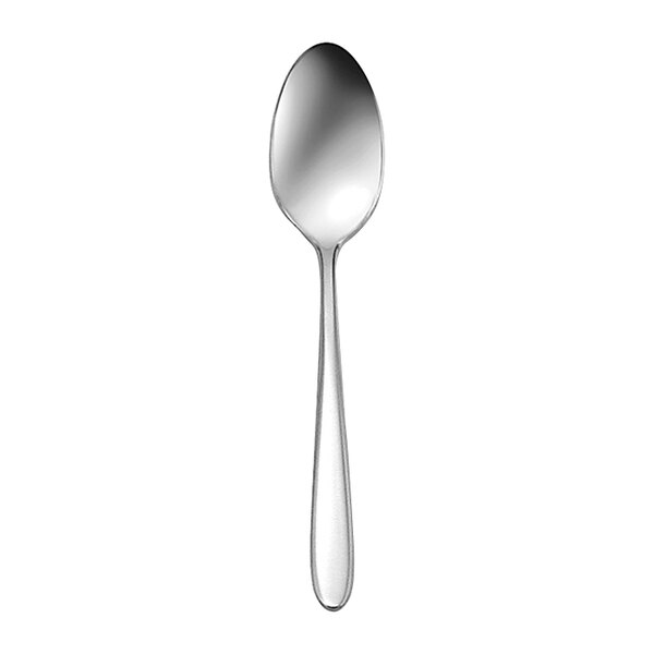 A close-up of a Sant'Andrea Mascagni II stainless steel European teaspoon with a white handle.