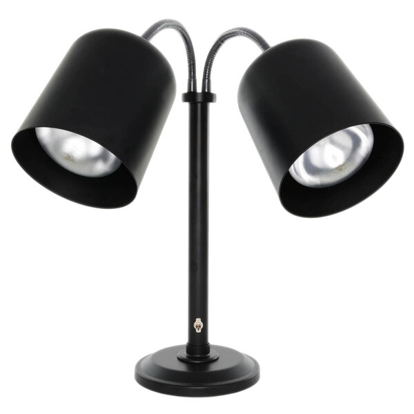 A black Hanson Heat Lamps freestanding lamp with two bulbs on a black pole.