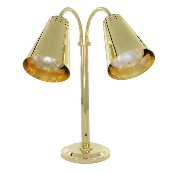 A Hanson Heat Lamps brass freestanding dual bulb heat lamp.