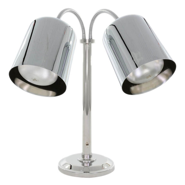A shiny silver Hanson Heat Lamps freestanding heat lamp with two chrome lamps.