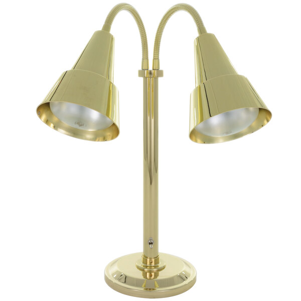 A gold Hanson Heat Lamp stand with two brass lamps.