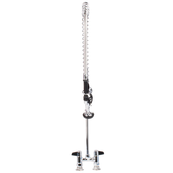A Equip by T&S deck mounted pre-rinse faucet with lever handles on a metal pole.