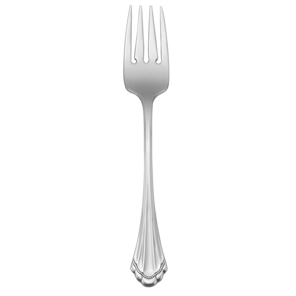 A Oneida Marquette stainless steel salad fork with a silver handle.