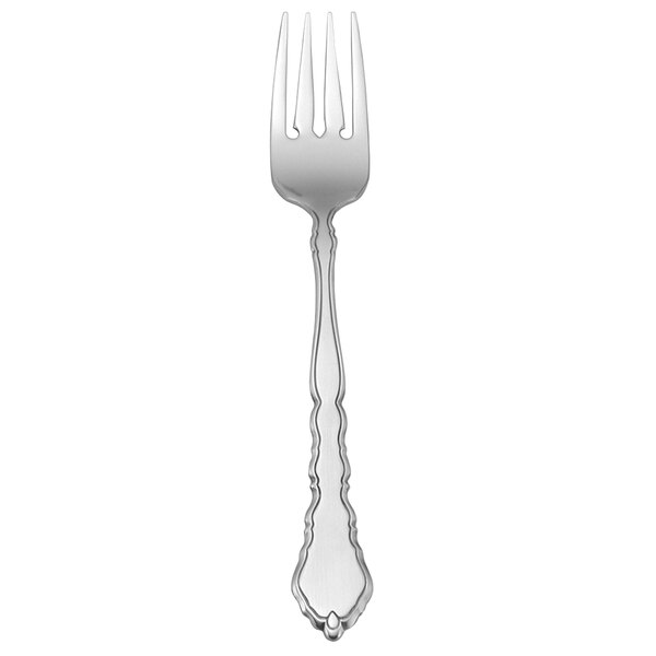 A Oneida Satinique stainless steel salad/pastry fork with a silver handle.