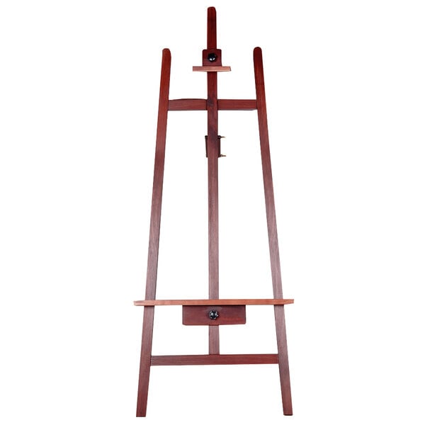 A mahogany wood easel with an adjustable stand.