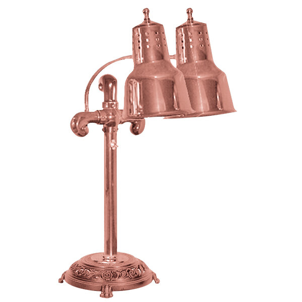 A Hanson bright copper freestanding heat lamp with dual shades over two lights.