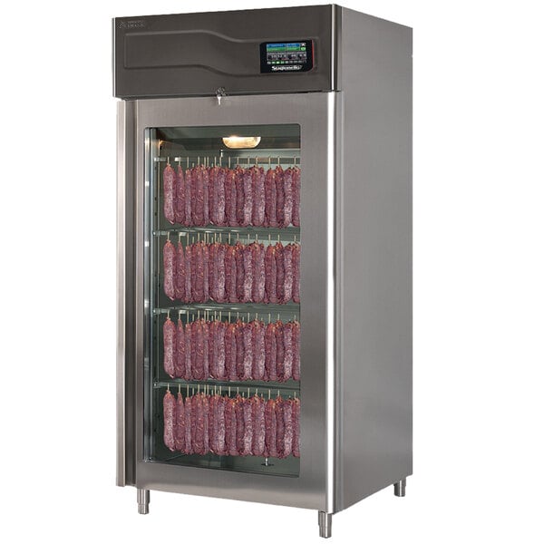 A Stagionello stainless steel meat curing cabinet with glass doors and meat hanging inside.