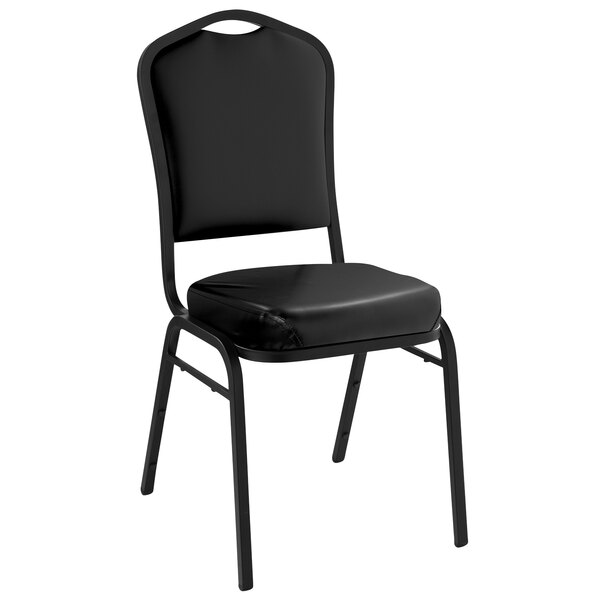 A National Public Seating black vinyl banquet chair with black cushion.