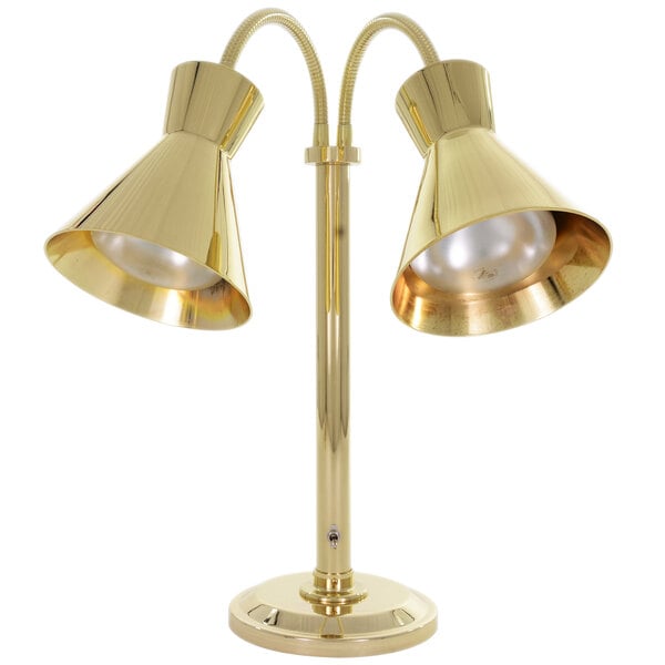 A Hanson Heat Lamp with brass finish on a stand with two lamps.