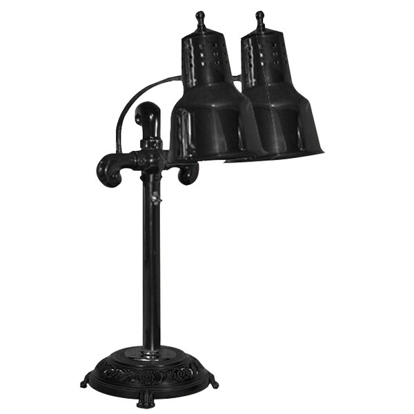A black freestanding Hanson Heat Lamp with two shades.