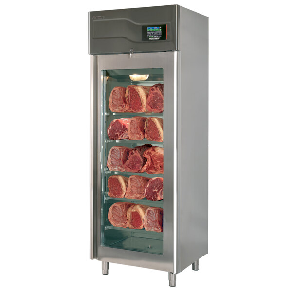 A Maturmeat stainless steel meat aging cabinet with meat inside.