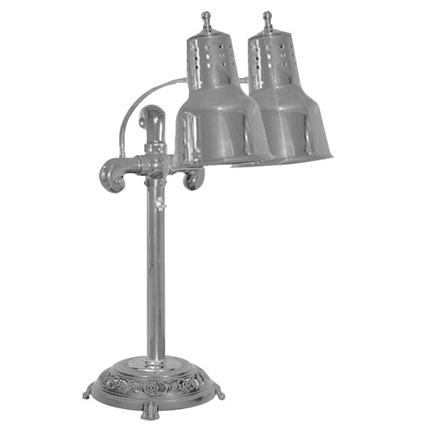 A stainless steel Hanson Heat Lamp with two bulbs on a stand.