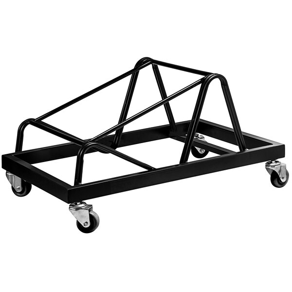 A black metal frame with wheels.