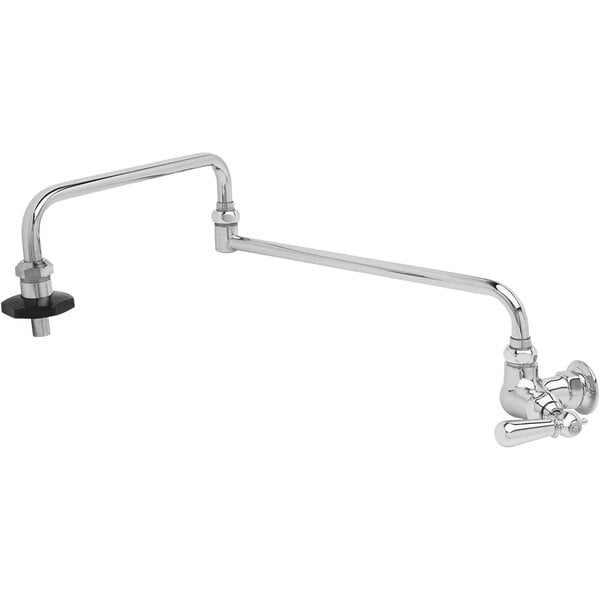A chrome T&S pot filler faucet with a club handle and a long double-jointed arm.