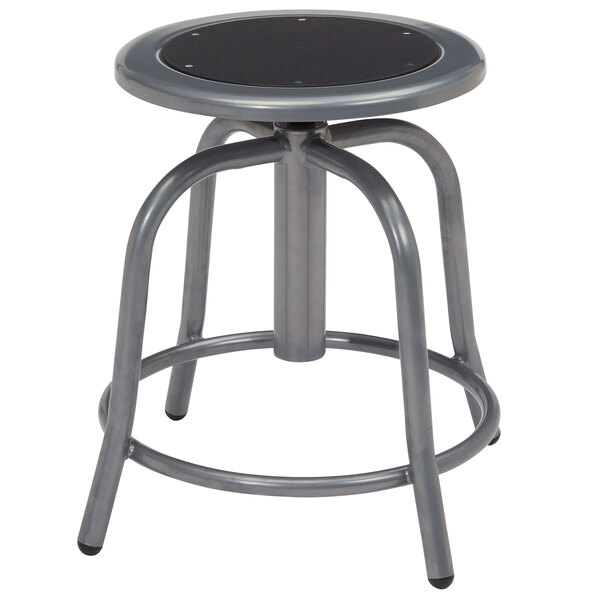 A National Public Seating gray metal lab stool with a black seat.