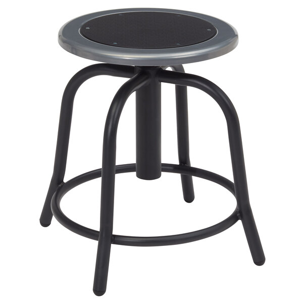 A National Public Seating black lab stool with a round black steel seat and metal legs.