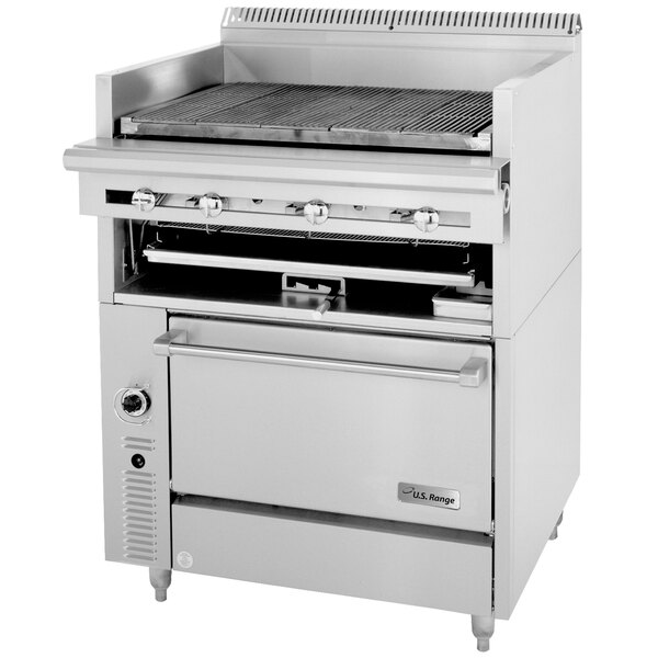 A stainless steel Garland Cuisine Series liquid propane range with a radiant charbroiler and adjustable grates.