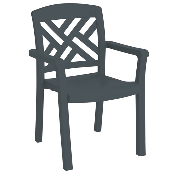 A close-up of a black Grosfillex Sanibel resin armchair with armrests and a lattice design.