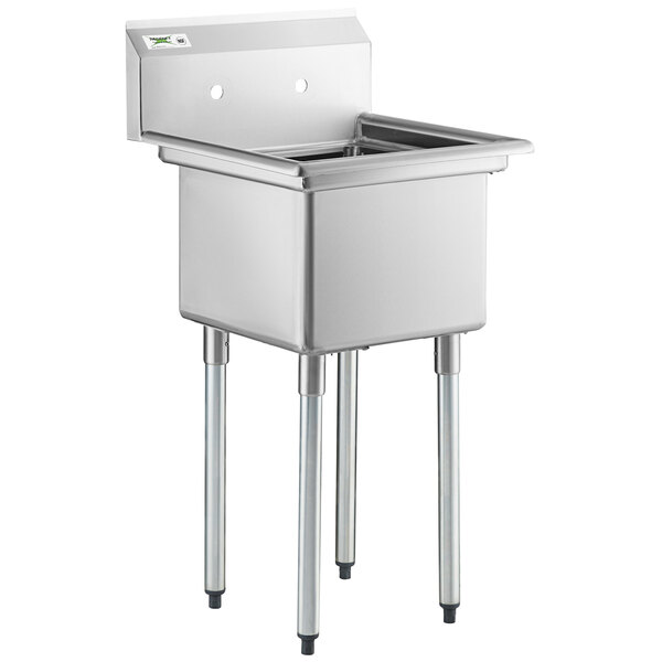 A Regency stainless steel one compartment sink with galvanized steel legs.