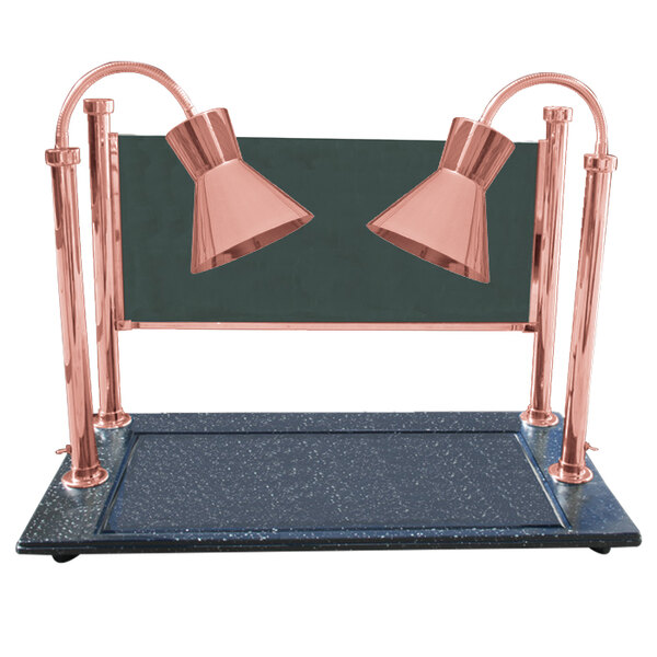 A Hanson Bright Copper Carving Station with dual copper lamps on a black surface.