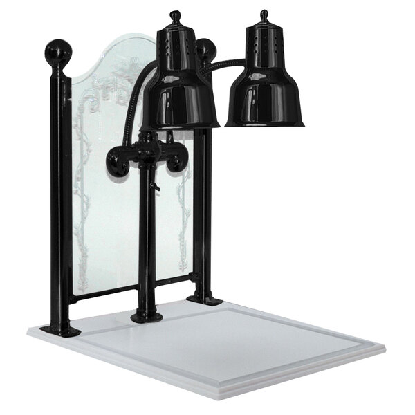 A Hanson Heat Lamps black carving station with white solid base and etched sneeze guard over two bulbs.