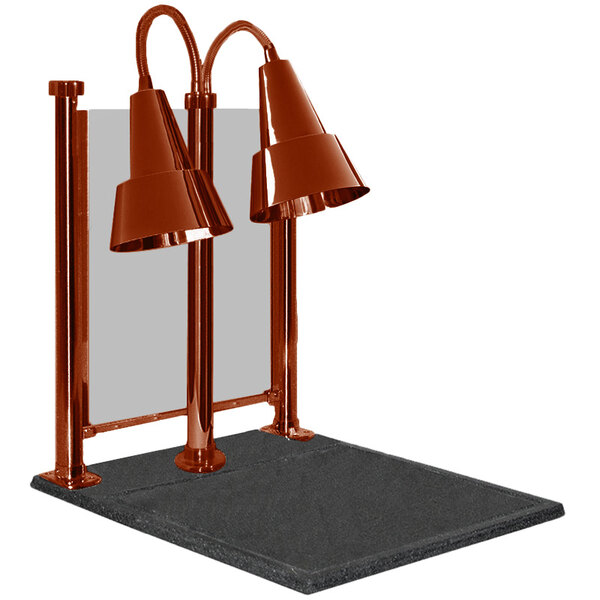 A Hanson Heat Lamp carving station with a smoked copper finish and sneeze guard.