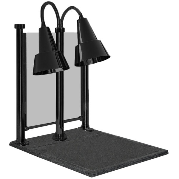 A black Hanson Heat Lamp carving station with dual bulbs and a sneeze guard.
