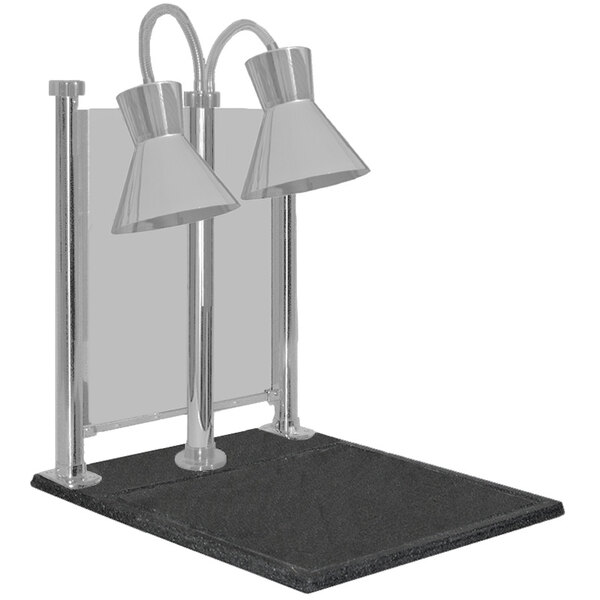 A Hanson Heat Lamps stainless steel carving station with dual lamps over a black mat.