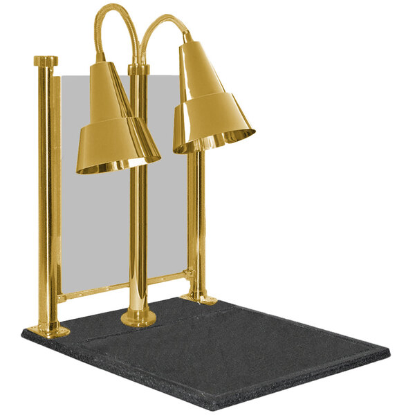A Hanson Heat Lamps brass carving station with dual lamps over a black carving shelf.