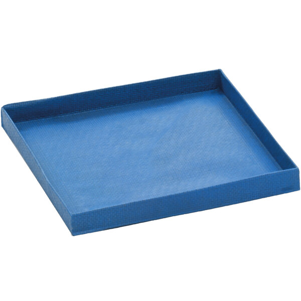 A blue rectangular non-stick basket with a square top.