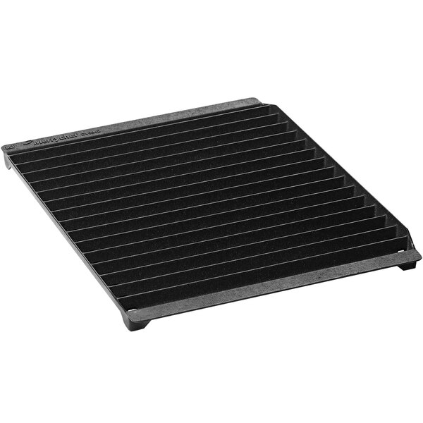 A black square grill pan with a black handle.