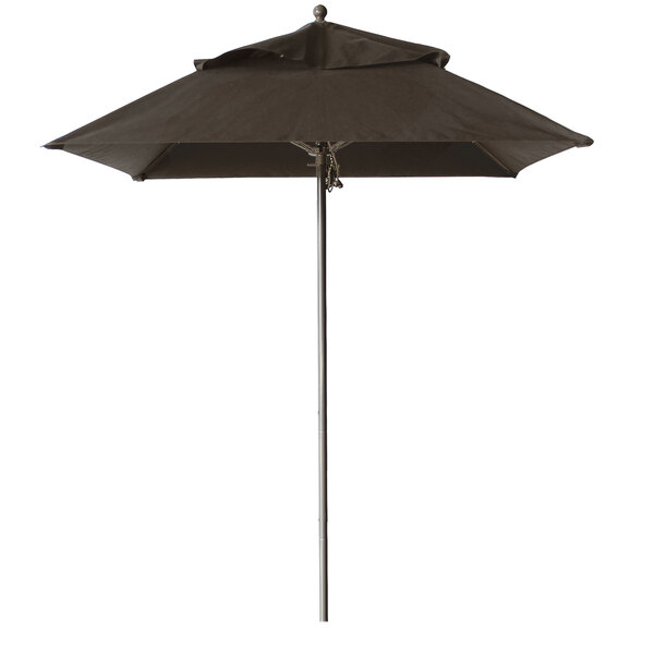 A black Grosfillex Windmaster square umbrella on a metal pole on a white background.