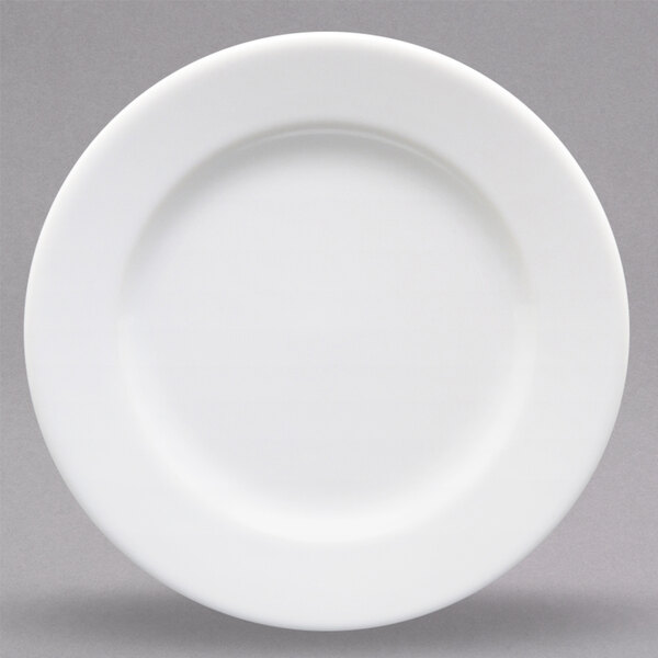 A close-up of a Homer Laughlin bright white china plate with a rolled edge.