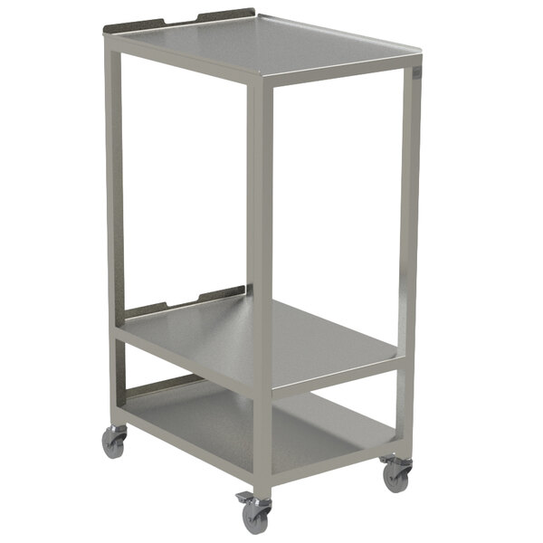 A stainless steel Merrychef stacking cart with wheels.