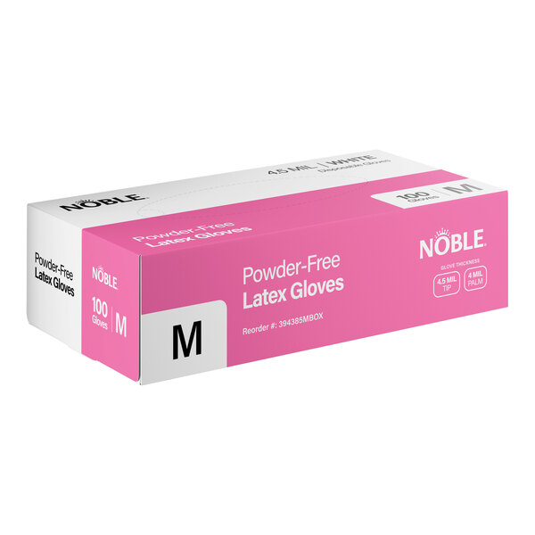 A box of Noble powder-free disposable latex gloves, medium size, containing 100 gloves.