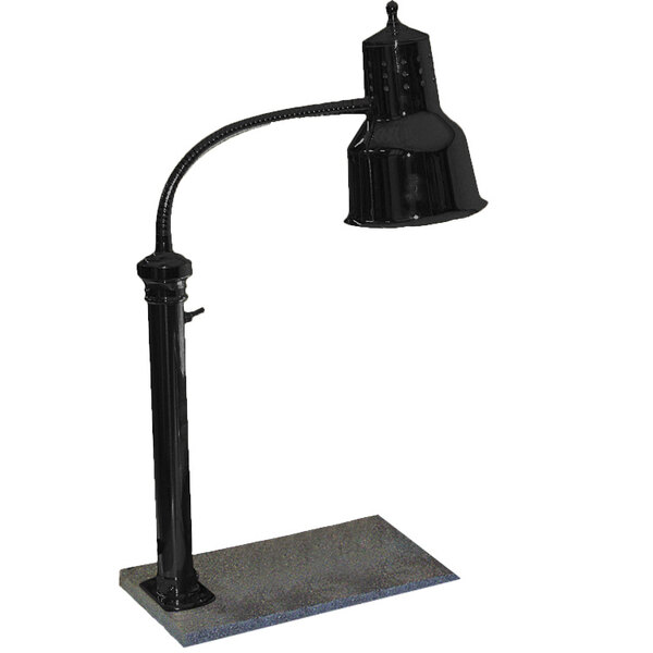 A black freestanding Hanson Heat Lamp with a black shade.