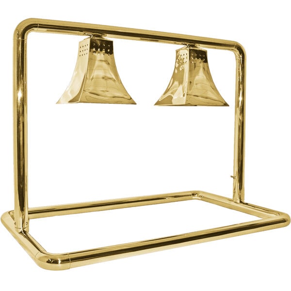 A brass Hanson Heat Lamps freestanding food warmer with two Royal shades over bulbs.