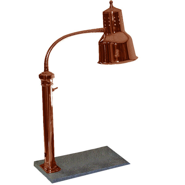 A Hanson Heat Lamps freestanding heat lamp with a smoked copper finish.