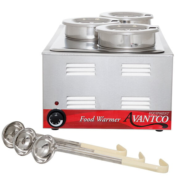 An Avantco countertop food warmer with three white containers inside.