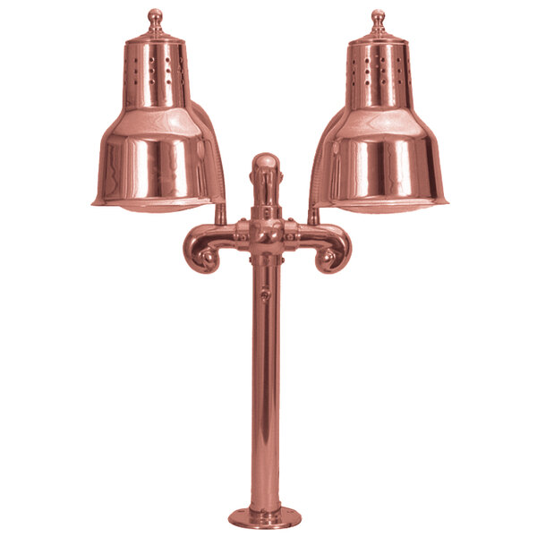 A Hanson Heat Lamps bright copper dual bulb heat lamp with two copper bells.