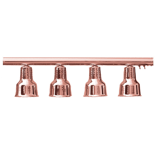 A Hanson Heat Lamps hanging bar food warmer with bright copper finish and four light bulbs.