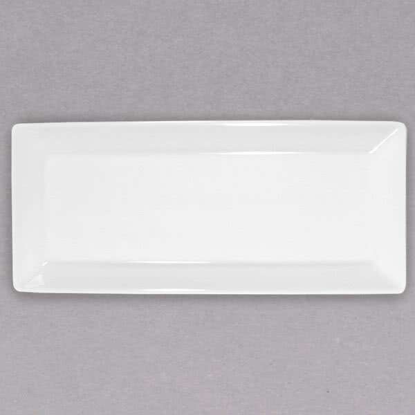 A close-up of a rectangular white Homer Laughlin Pristine Ameriwhite China plate.