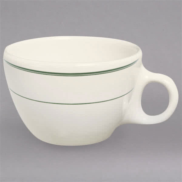 A white Homer Laughlin Ovide cup with green stripes.