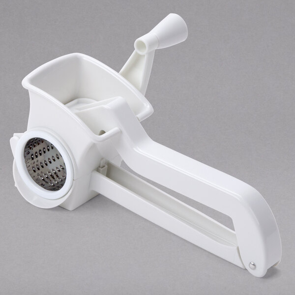 An American Metalcraft white plastic hand held rotary cheese grater.
