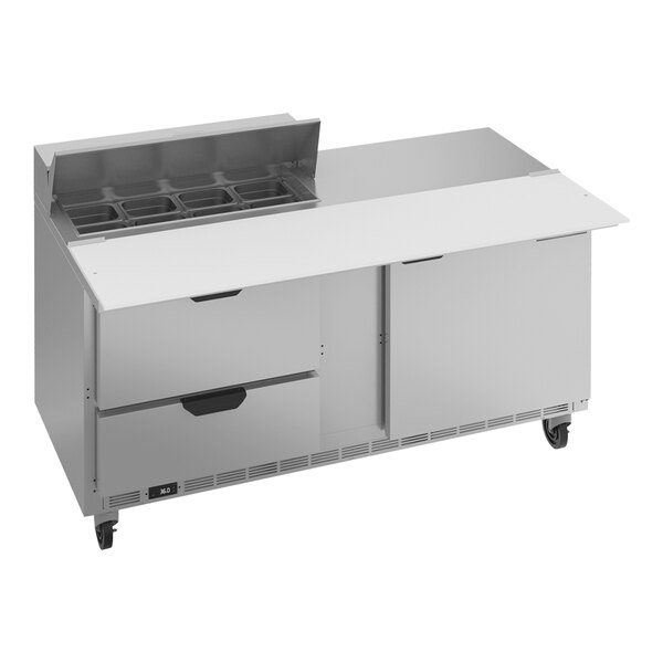 A Beverage-Air refrigerated sandwich prep table with a stainless steel counter top and two drawers.